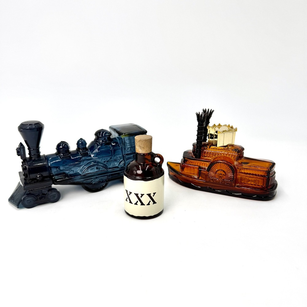 Vintage Avon Glass Bottles Lot Train Locomotive Natchez Riverboat Moonshine Jug